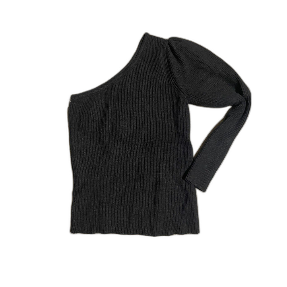 NWT Worthington One-Shoulder Ribbed Black Sweater Puff Sleeve Size S